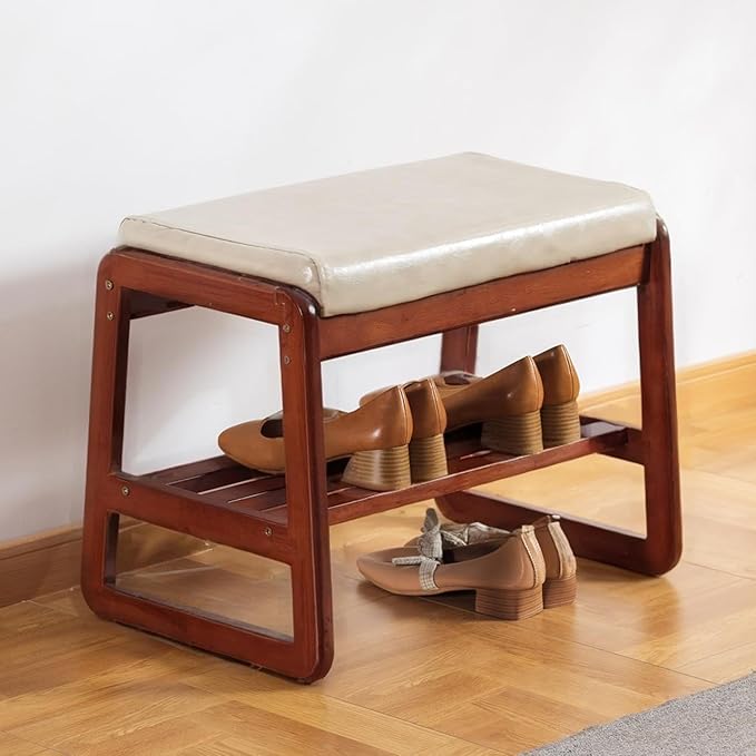 Shoe Rack Bench, Solid Wood Entryway Bench, Shoe Storage with Cushion Seat for Entry, Hallway (Beige-21.65")
