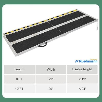 Ruedamann 8FT Wheelchair Ramp, 600Lbs Capacity, Non-Slip Threshold Ramp, Portable Aluminum Folding Handicap Ramp, Wider Design, Mobility Ramp for Home, Wheelchairs, Steps, Stairs, Doorways, Curbs