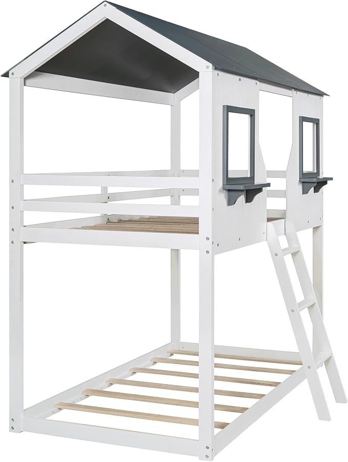 Ball & Cast Twin Over Twin Size Playhouse Bunk Bed with Roof and Window,Wood Bunkbed w/Full-Length Guard Rail & Ladder,Slat Support,Space Saving,Bedroom Furniture for Student Dorms,White