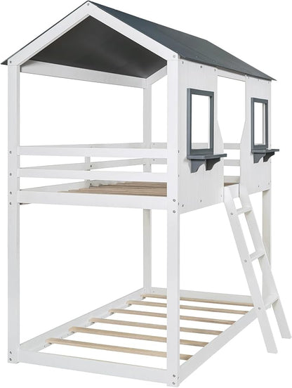 Ball & Cast Twin Over Twin Size Playhouse Bunk Bed with Roof and Window,Wood Bunkbed w/Full-Length Guard Rail & Ladder,Slat Support,Space Saving,Bedroom Furniture for Student Dorms,White