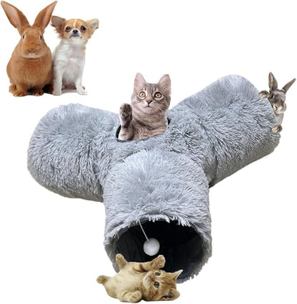 Cat Tunnel Tube Toy Collapsible 3 Way Grey Plush, Pet Tunnels for Indoor Cats, Play Tubes with Hanging Ball Perfect for Kitten, Puppy, Rabbit, Interactive Toys for Fun Playtime & Exercise