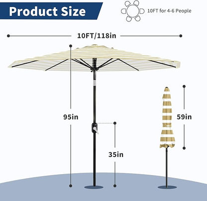 Garvee 10 ft Outdoor Patio Umbrella 8 Sturdy Ribs Outdoor Table Umbrella with Crank Lift & Push Button Tilt UV Protection Waterproof Market Umbrellas for Pool Deck Yard Garden Tan & White Stripes