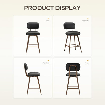 Swivel Bar Stools Set of 6, Mid Century PU Leather Counter Height Bar Chairs with Low Back and Metal Legs, Modern Bar Stool Chair for Kitchen Island, Black