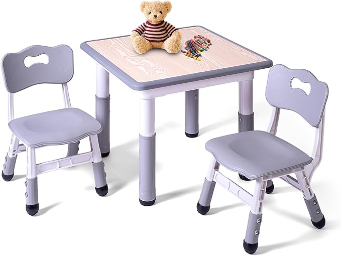 Kids Table and 2 Chairs Set, Height Adjustable Toddler Study Table and Chair Set, Kid Size for Ages 3-8 Children, Graffiti Desktop, Easy to Wipe/Arts & Crafts, Homes/Classrooms/Daycare (Grey)