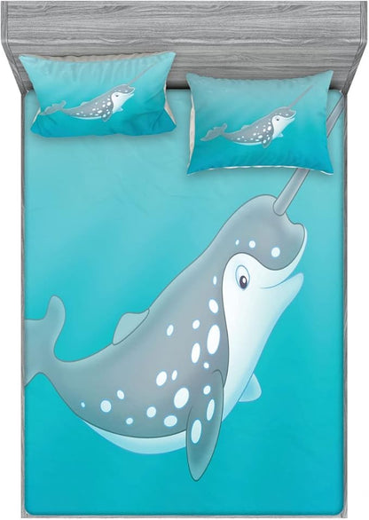 Ambesonne Narwhal 2 Pack Fitted Sheet & Pillow Sham Set, Cartoon Mammal Drawing, 4 Pcs Bedding Decor, Package Contains 2 Full Size Fitted Sheets & 4 Pillow Covers, Seafoam Grey White