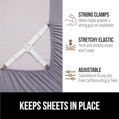 Gorilla Grip Headboard Gap Pillow and Bed Sheet Straps, Headboard Gap Pillow Size Twin, Dense Foam Wedge, Sheet Fasteners 4 Pack, Adjustable Elastic with Metal Clips, Both in White, 2 Item Bundle