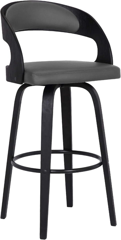 Armen Living Shelly 30" Bar Height Swivel Gray Faux Leather and Black Wood Bar Stool - Set of 3