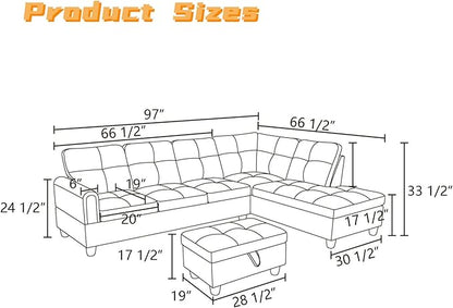 L Shaped Sectional Couch with Otttoman, 97" Leather Sectional Sofa for Living Room Modular Couches with Cup Holders for Bedroom, Apartments, Brown