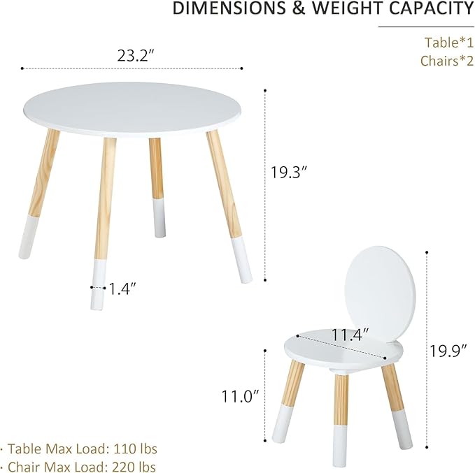VECELO Round Table and Chair Set Playroom Furniture Wooden, Modern Minimalist Design, Compact Size, Easy Assembly, White