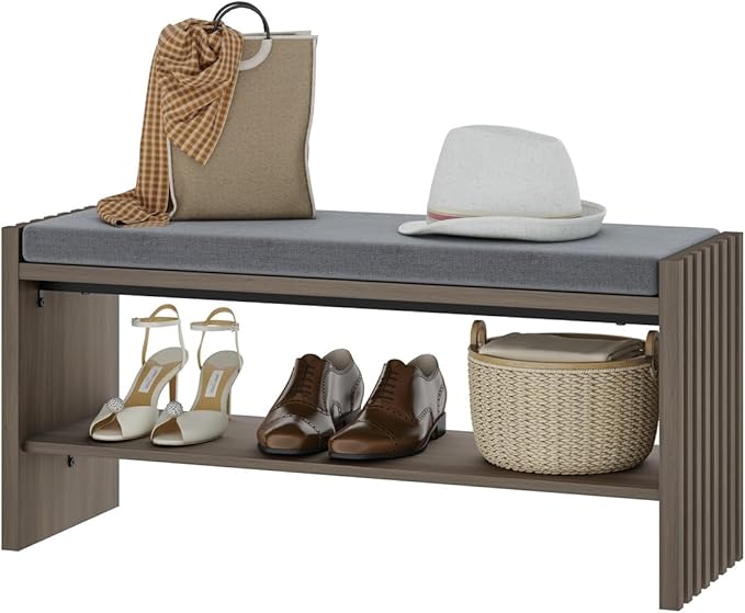 BON AUGURE Shoe Storage Bench, Entryway Bench with Cushion, Ottoman Benches for Bedroom, Living Room, Shoe Rack Seat for Hallway Entry (Greige Oak, 40 Inch Wide)