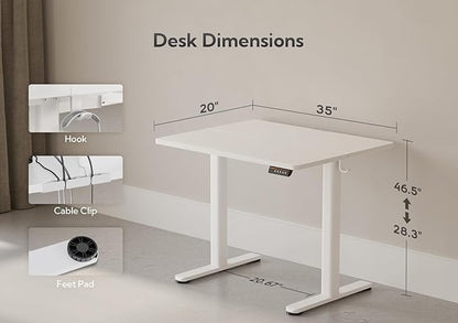 Claiks Electric Height Adjustable Stand Up Desk, 35x20 Inches Sit Stand Desk for Home Office, White Top/White Frame