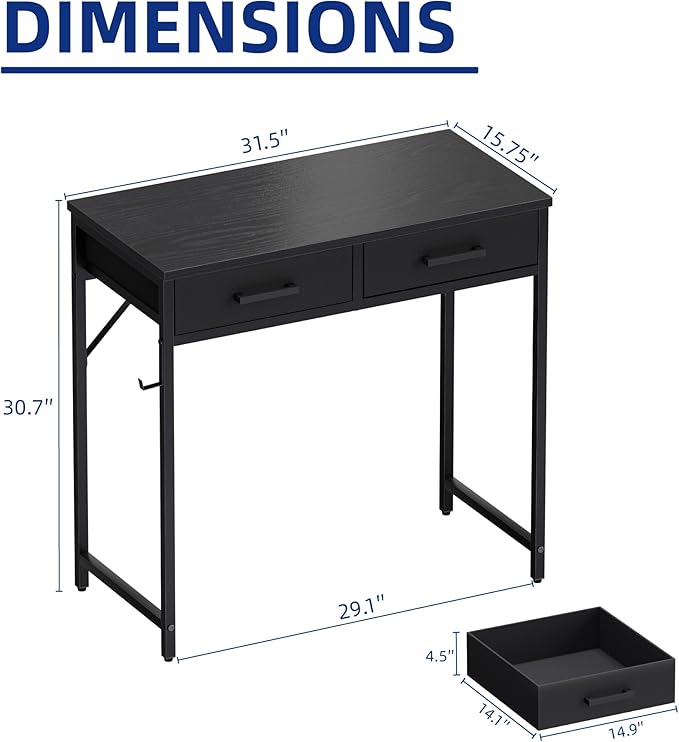 Pamray 32 Inch Small Computer Desk with 2 Drawers for Bedroom Study Writing Home Office Table for Small Spaces Black
