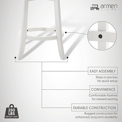 Armen Living Blair 30 in. Matte White Bar Height Rubberwood Swivel Barstool with Fog Fabric Seat