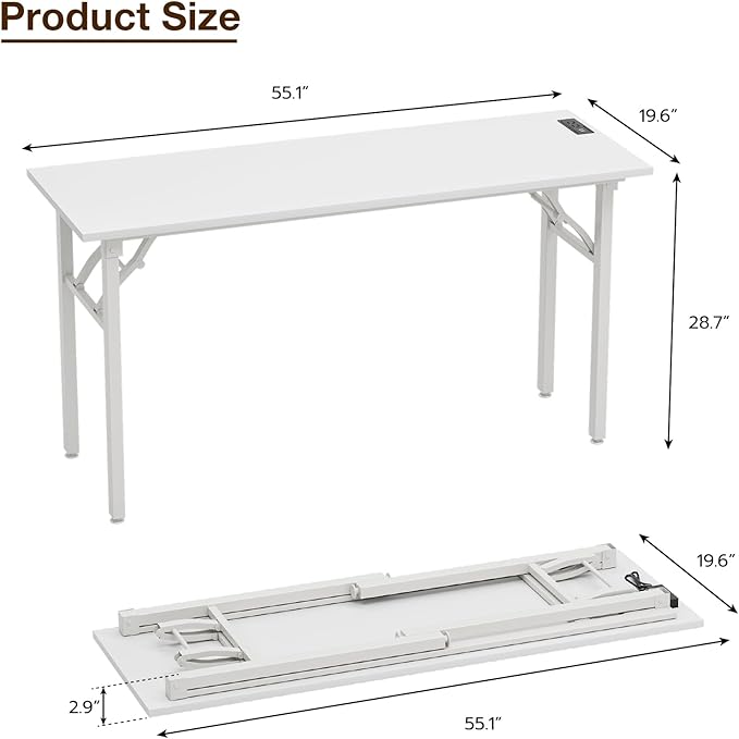 TEMI Long Computer Desk Folding Table - No Assembly, Compact 55.1" Foldable Desk with Power Outlets & USB Charging Port, Portable Lagre Office Desk, Ideal Large Study Table for Narrow Spaces