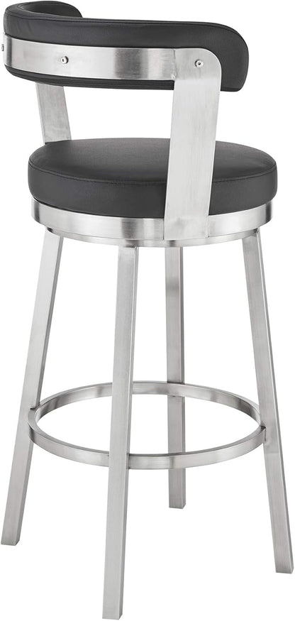 Armen Living Bryant Modern 26" Seat Height Black Faux Leather and Brushed Stainless Steel Metal Swivel Bar Stool for Kitchen Island Counter