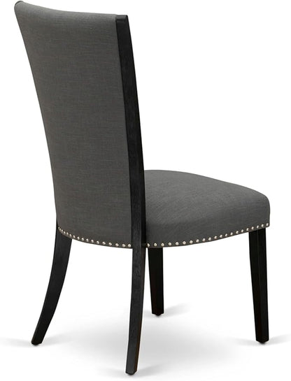 X12VE-0C6-50 - 14-Pc Dining Room Set a Rectangular Dining Table with a coffee Table and 12 Dark Gotham Grey Linen Fabric kitchen Chair, 39x120 Inch, Wire Brushed Black