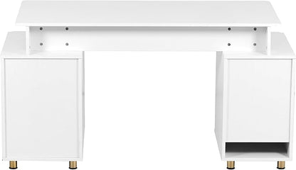 Elegant 56.75" W Executive Desk with 3 Drawers and Storage Cabinet, Modern Office Desk with Gold Accents, Floating Work Surface, Closed Storage with Ventilation & Adjustable Shelf (White,Gold)