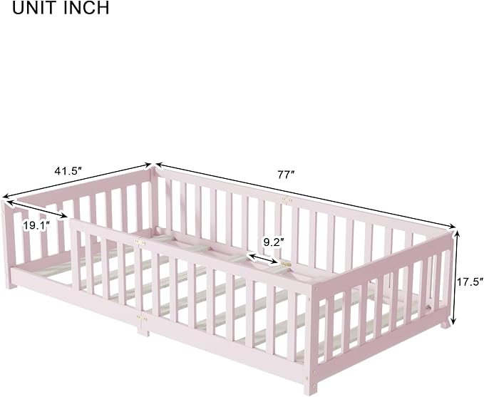 Bellemave Twin Floor Bed with Slats and Safety Guardrails, Kids Montessori Floor Beds with Fence and Without Door, Easy Assemble Floor Bed for Kids, Girls, Boys, Pink