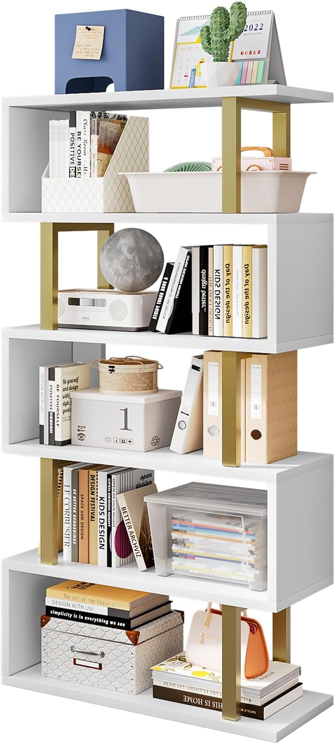 SORCEDAS Bookshelf Geometric Bookcase S Shaped Industrial Bookshelf Storage Display Stand Shelf for Living Room Bedroom and Office Room (White, 5 Tier)
