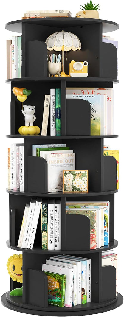 Aheaplus Rotating Bookshelf, 360 Display Wood Spinning Bookshelf Tower, 5 Tier Floor Standing Bookcase Storage Rack, Revolving Bookcase Corner Bookshelf for Small Space, Bedroom, Study Room, Black