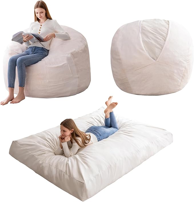 HIGOGOGO Giant Bean Bag Chair Bed for Adults,Convertible Beanbag Folds from Lazy Chair to Floor Mattress Bed,Large Floor Sofa Couch for Adult,Couples,Family, Machine Washable, Beige
