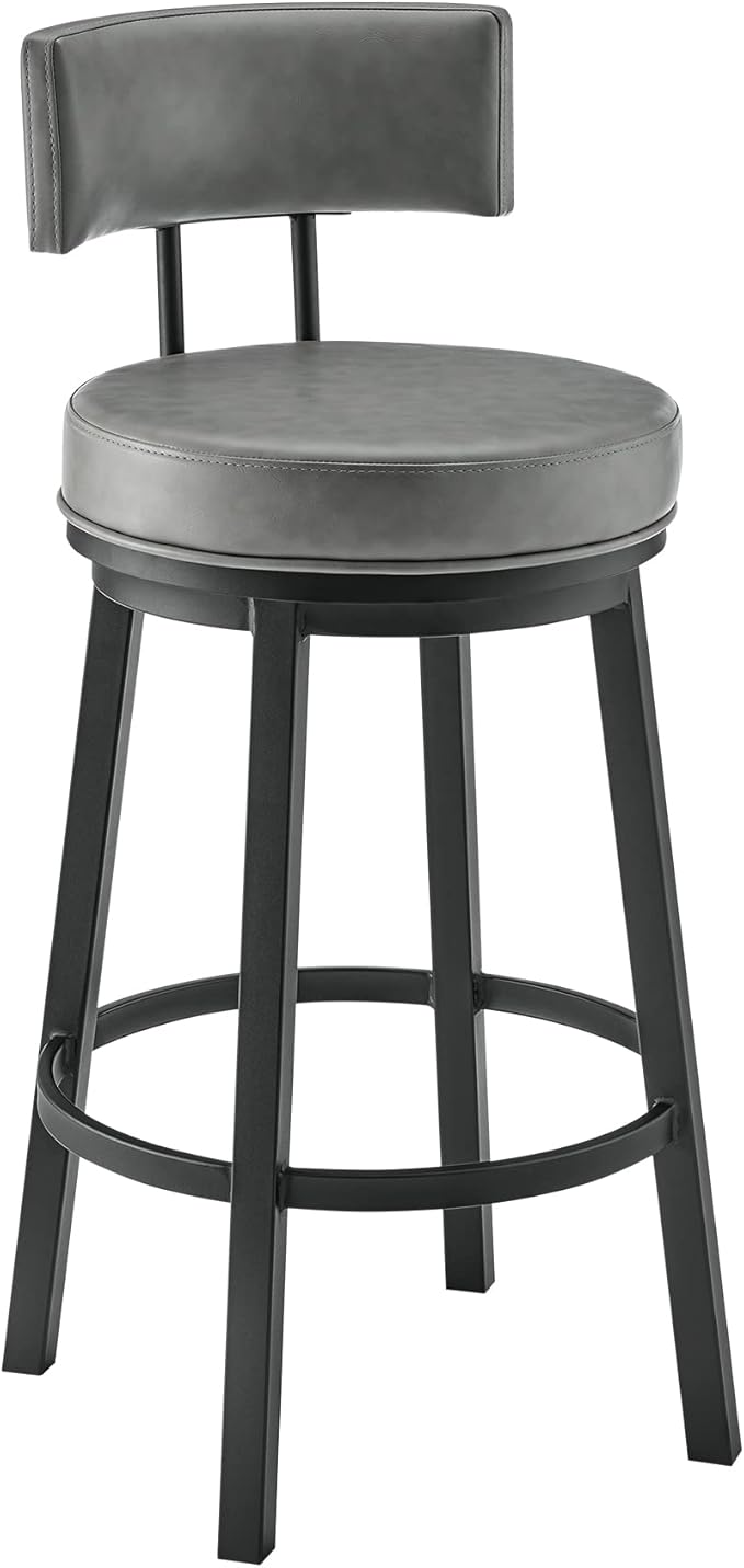 Armen Living Dalza Swivel Counter or Bar Stool in Black Finish with Grey Faux Leather