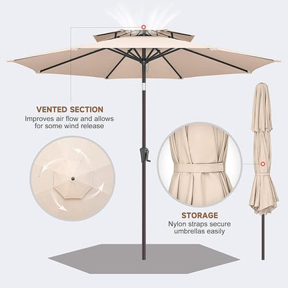 9FT Outdoor Patio Umbrella - 2 Tiers Table Umbrella Waterprool UV Protection, Sombrillas de Patio with Push Button Tilt, Sun Umbrella for Pool, Porch, Garden, Backyard (Beige)