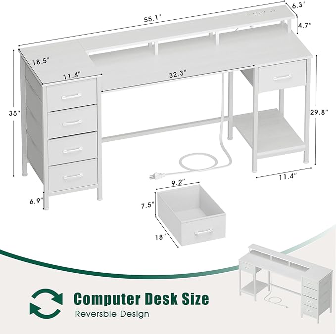 55 Inch Computer Gaming Desk with Power Outlets LED Lights, Reversible Home Office with Adjustable Fabric Storage Drawers for Working Writing Study, White