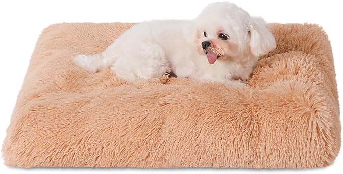 Bedfolks Plush Waterproof Dog Crate Bed, Removable Washable Cover, Faux Fur, Fluffy Kennel Bed 17"x12", Camel