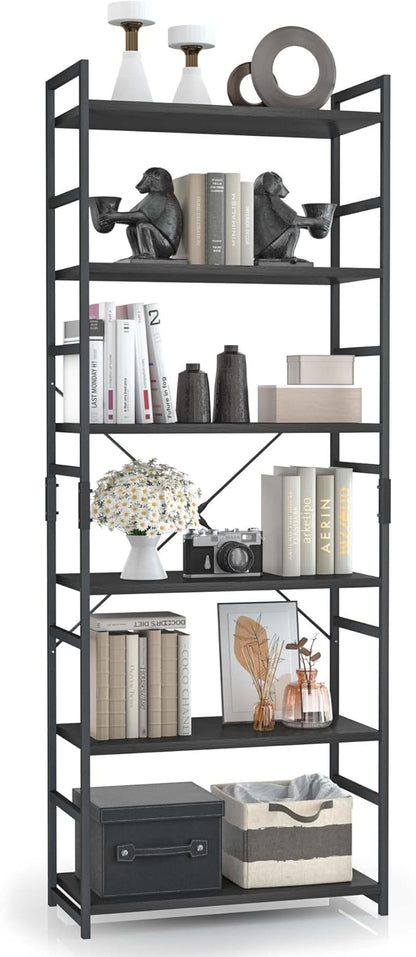OTK 6 Tier Adjustable Bookshelf, Tall Bookcase, Office Shelf Storage Organizer, Modern Book Shelf for Living Room, Bedroom, and Home Office, Black