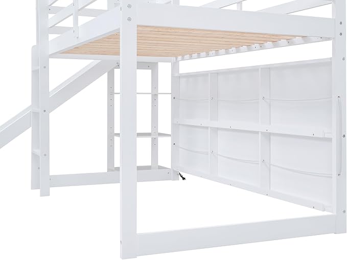 Twin Size House Loft Bed with Slide, Storage Shelves and Light, Wood Kids Bed Frame with Guardrail and Ladder,Climbing Ramp,for Teens Boys Girls Bedroom, White