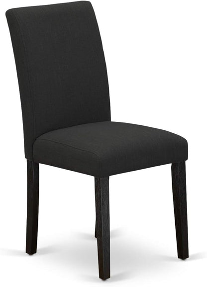 East West Furniture DMAB3-ABK-24 3 Piece Modern Dining Table Set Contains a Round Wooden Table with Dropleaf and 2 Black Color Linen Fabric Upholstered Chairs, 42x42 Inch, Wirebrushed Black