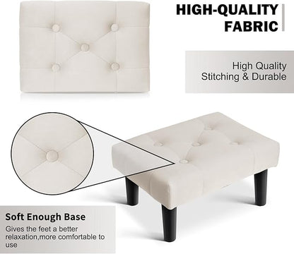 HOUCHICS Small Footstool Ottoman,Velvet Soft Footrest Ottoman with Wood Legs,Sofa Footrest Extra Seating for Living Room Entryway Office(White 1PACK)