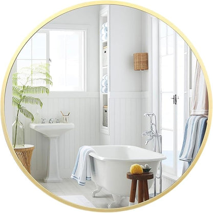 18 Inch Round Mirror, Gold Circle Mirror for Bathroom, HD Eco-Friendly Round Bathroom Mirror for Over Sink, Small Matte Gold Metal Framed Wall Mirror for Wall, Vanity, Entryway, Easy to Install