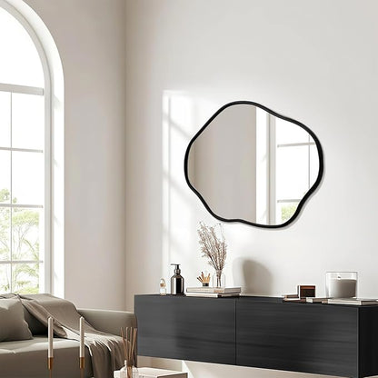 ULIKE Irregular Wall Mirror, 24x36 Inch Black Asymmetrical Mirror with Solid Wood Frame, Abstract Organic Shape Vanity Mirrors for Bathroom Bedroom Living Room Entryway
