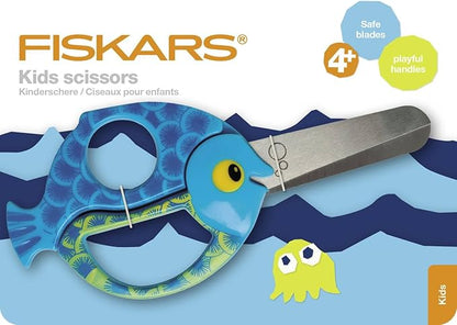 Fiskars Children's Animal Scissors with Fish Motif, From 4 years, length: 13 cm, For right and left handers, Stainless steel blade/plastic handles, Blue, 1003746