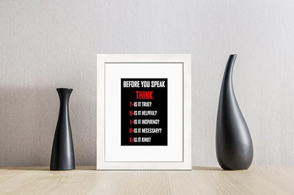 Wieco Art Think Quotes Wall Art Inspirational Canvas Print Motivation Classroom Decor With White Picture Frame and Real Glass Made to Display 5x7" with Mat or 8x10" Without Mat for Home Office Wall Decoration