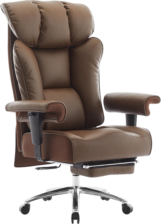 Big and Tall Ergonomic Office Chair 450LBS with Foot Rest, High Back PU Leather Executive Chair with Adjustable Padded Armrests, Lumbar Support for Home or Work, Heavy Duty Computer Chair, Brown