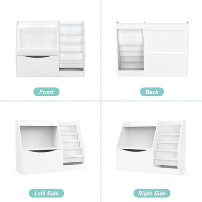 TOETOL 2 Tier Kids Bookshelf and Book Storage，4 Sling Toddler Bookshelf, Storage Boxes Book Shelf & Organizer for Nursery Playroom Classroom Library Bedroom White