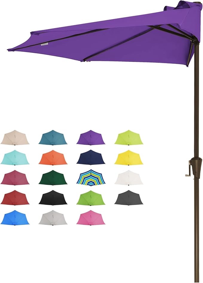 JEAREY 9ft Half Umbrella Outdoor Patio Umbrella Market Umbrellas with Crank, 1/2 Round Wall Umbrella 5 Sturdy Ribs UV Protection for Pool Garden Balcony Deck, Grape Purple