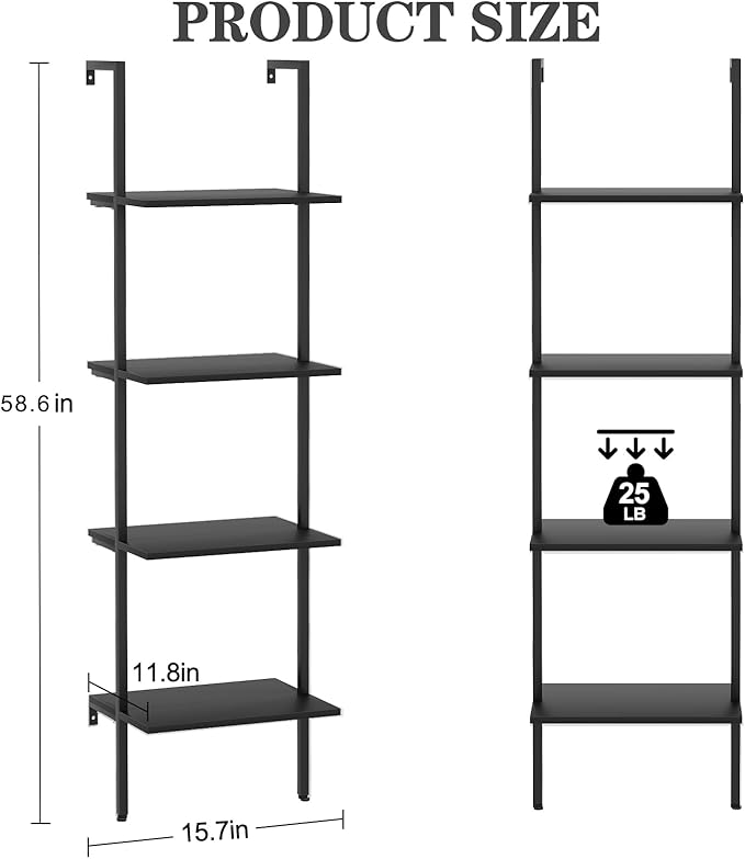 Ladder Shelf 4 Tiers Metal Industrial Bookshelf,Black Wooden Tall Open Storage Rack and Display Shelves,Wall Mount Wide Book Case for Home Office Bedroom,Small