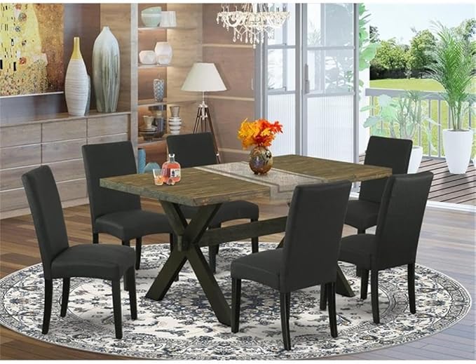 East West Furniture X676DR124-7 7 Piece Dining Set Consist of a Rectangle Dining Room Table with X-Legs and 6 Black Color Linen Fabric Upholstered Chairs, 36x60 Inch, Multi-Color