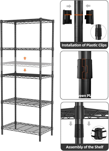 SINGAYE Shelf Wire Shelving Adjustable Storage Shelves Rack Standing Units for Kitchen Closet Laundry Bathroom Organizers Metal Pantry Narrow Mesh Gaps 12" D x 22" W x 59" H Black