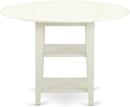 East West Furniture SUDA3-LWH-W 3 Piece Dining Room Table Set Contains a Round Dining Table with Dropleaf & Shelves and 2 Wood Seat Chairs, 42x42 Inch, Linen White