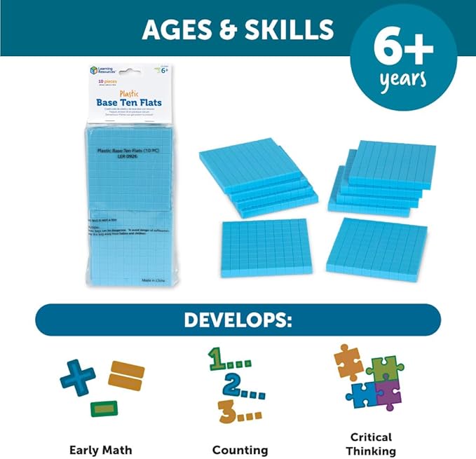 Learning Resources Plastic Base Ten Flats, Early Math, Counting, Place Value, Homeschool, 10 Pieces, Ages 6+