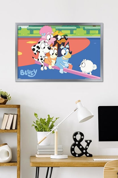 Bluey (2018) - Bluey and Friends See Saw Fun Wall Poster, 34L" x 22.4W", Silver Framed Version