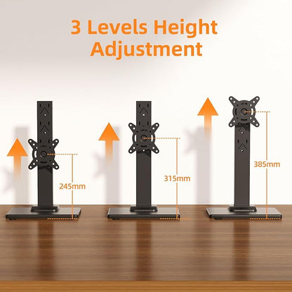 Suptek Single LCD Computer Monitor Free-Standing Desk Stand Mount Riser for 13 inch to 43 inch Screen with Swivel, Height Adjustable, Rotation, 50,75& 100mm Vesa Base Stand, Black