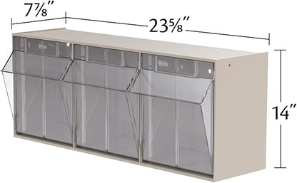 Akro-Mils TiltView Plastic Storage Cabinet with 3 Tilt Out Bins, Horizontal Plastic Parts Organizer, Teacher Toolbox, and Office Supply Organizer, 23-5/8" W x 9-7/16" H x 7-7/8" D, Stone