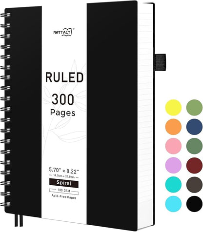 RETTACY Spiral College Ruled Notebook, 300 Pages, A5 Medium Size (5.7" x 8.2"), for School, Work, Writing, Journaling, 100 GSM Thick Paper, Flexible Plastic Cover (Black)