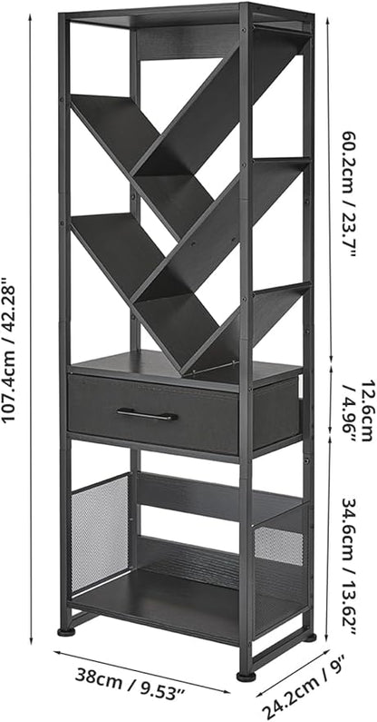 Bookshelf with Drawer,8 Tier Tree Bookcase Retro Floor Standing Bookshelves,Tall Wood Bookcases with Cabinet Storage Organizer for Living Room, Bedroom & Home Office, Black